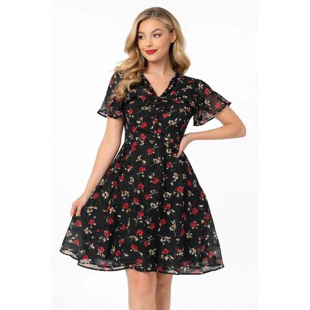 Unique Vintage Black Rose Print‎ Flutter Sleeve Dress – 4